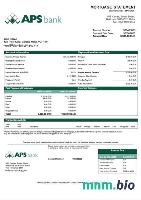Malta APS Bank PLC wyciąg z kredytu hipotecznego szablon Word i PDF
